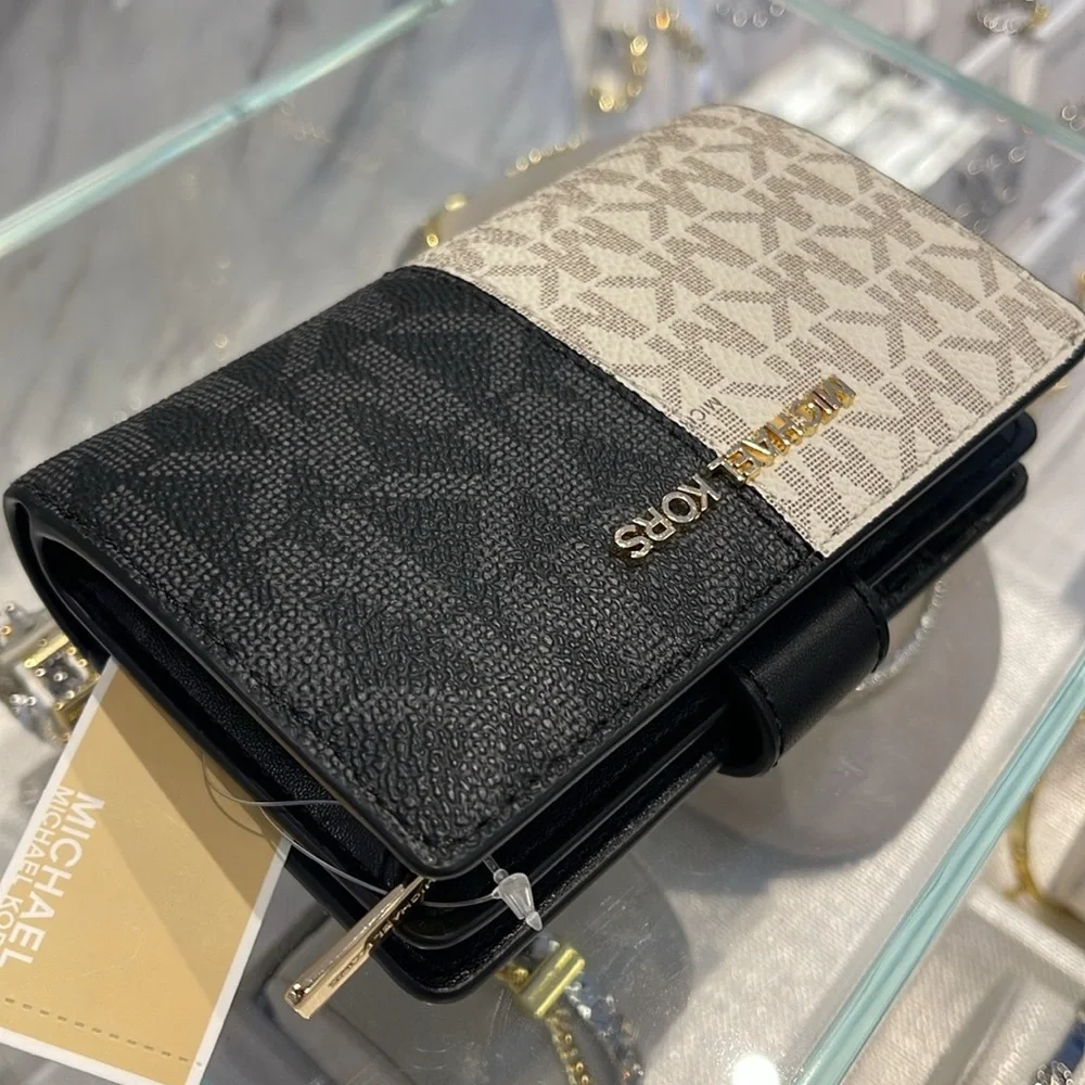 Michael Kors Jet Set Medium Two-Tone Logo Wallet BLACK COMBO NWT